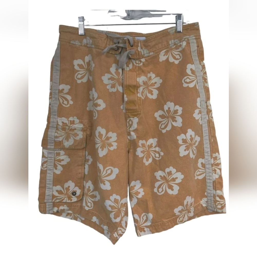 Vintage Arizona Jean Co. Tan/ Orange Denim Floral Hawaiian Board Shorts Men's 32